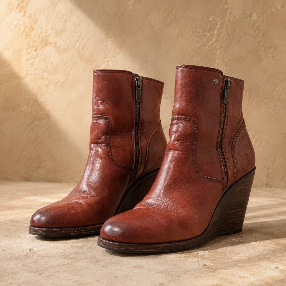 Frye Emma Wedge Short Boots Red Clay Leather Womens 9.5M Western Boho